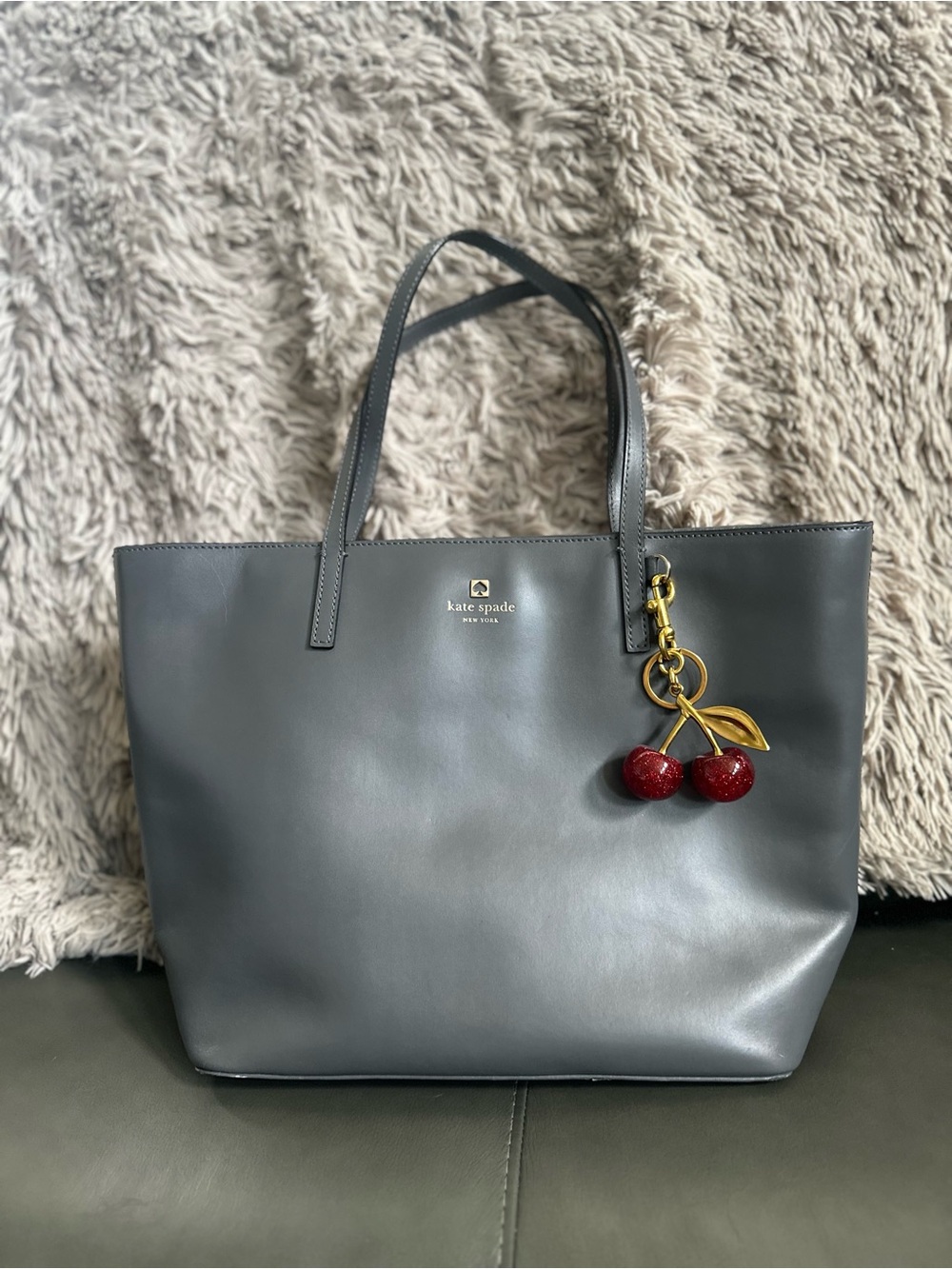 kate spade gray leather tote with cherry charm